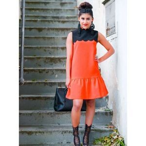 Victoria Beckham Women's Orange Drop Waist Scallop Trim Black Dress Size Small